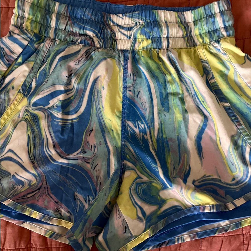 Avia Women's Marble-Print Athletic Shorts in Blue, Yellow & White